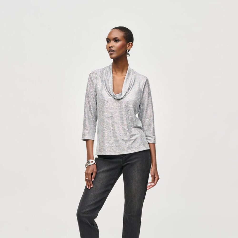 Joseph Ribkoff Silver Shimmer Knit Cowl Top, Size 8